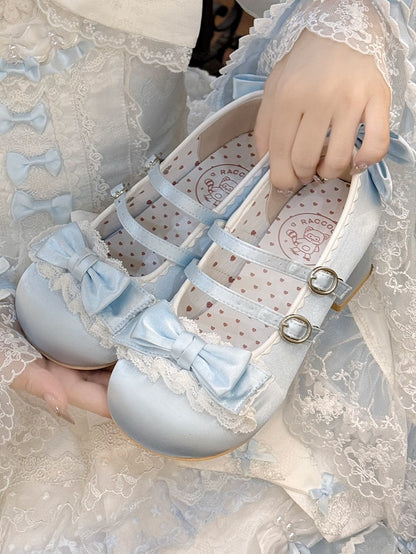 Toe Blue Shoes Sweet with Lolita - Ruffle Round Lace Mid-heel