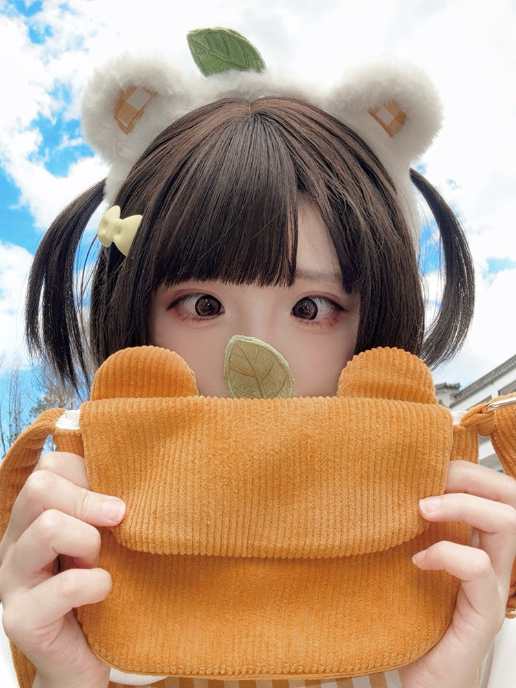 かわいいテディベアの耳付きオレンジコーデュロイクロスボディ