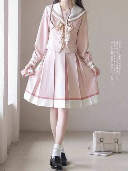 Long Sailor Uniform with Sweet Sleeve JK Beige Blouse Sakura Collar and Pink Embroidery