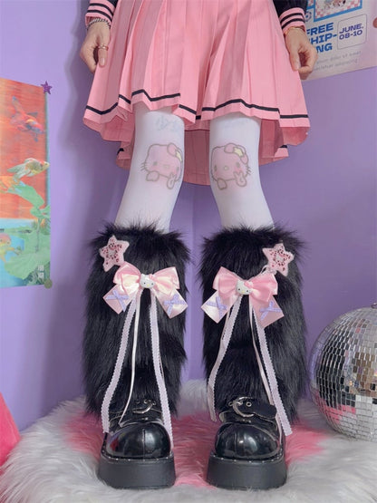 ピンク/ブラック Y2K スター＆キティ リボン結び シャギー レッグウォーマー