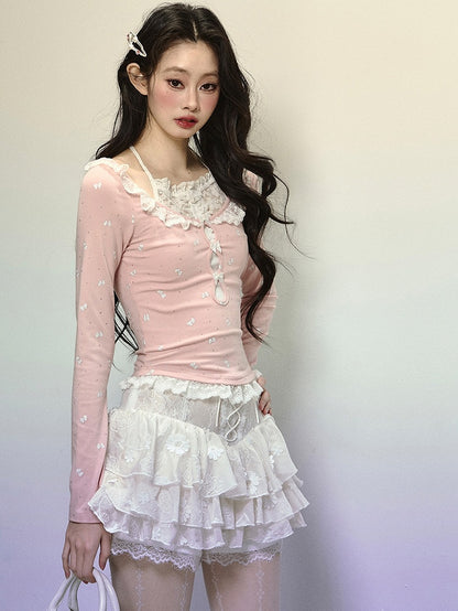 Pink Bows Print Lace Trim Halter Neck Top