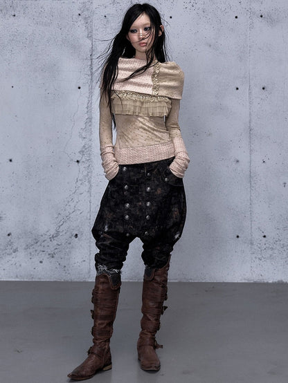 - Elastic Harem Cropped Partial Wasteland with Distressed Punk Waistband Design Jeans Black