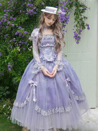 Neckline Purple Square Painting Skirt Set OP Full Elegant Oil Classic Lolita Print