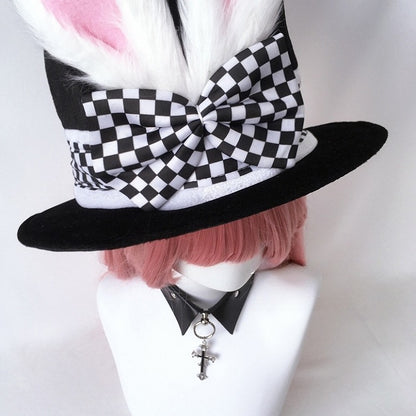 Rabbit Bow Hat Vibes Alice Black Faux Accent Ears Lolita with Checkered Top and