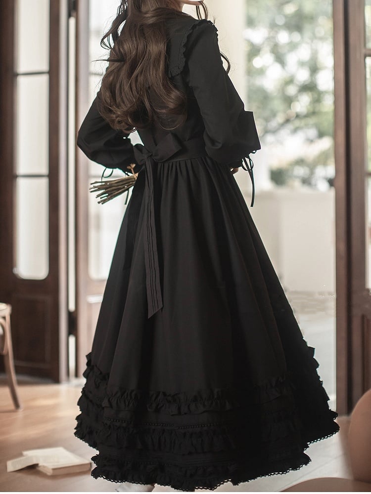 Floral Collar Vintage Cuffs Dress Lace-up Sleeves Leg-of-Mutton with Black Embroidery