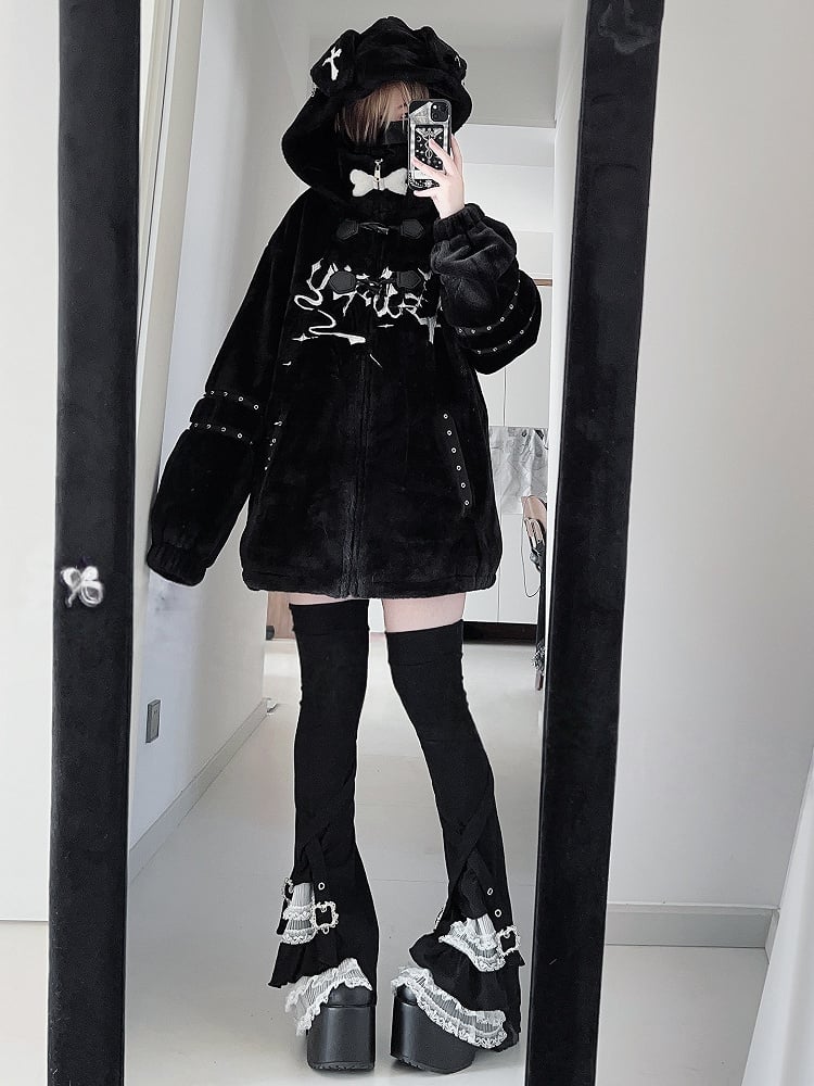 with Plush Puppy Hooded Kei Jirai Straps Button Black Design Toggle Ear Jacket Decorations