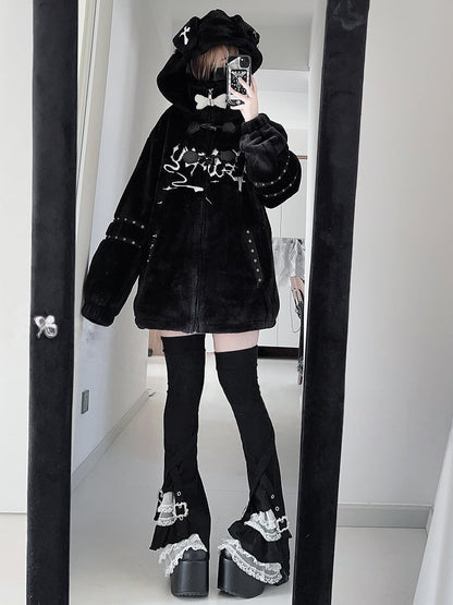 with Plush Puppy Hooded Kei Jirai Straps Button Black Design Toggle Ear Jacket Decorations