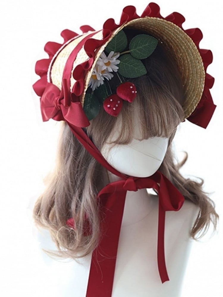 Bowknot Leaf Strawberry Hairclip Lolita Sweet Red Bonnet With Straw