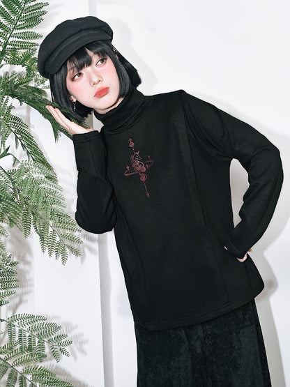 Fleece-lining Long Black with Print Top High-neck Unicorn Sleeve