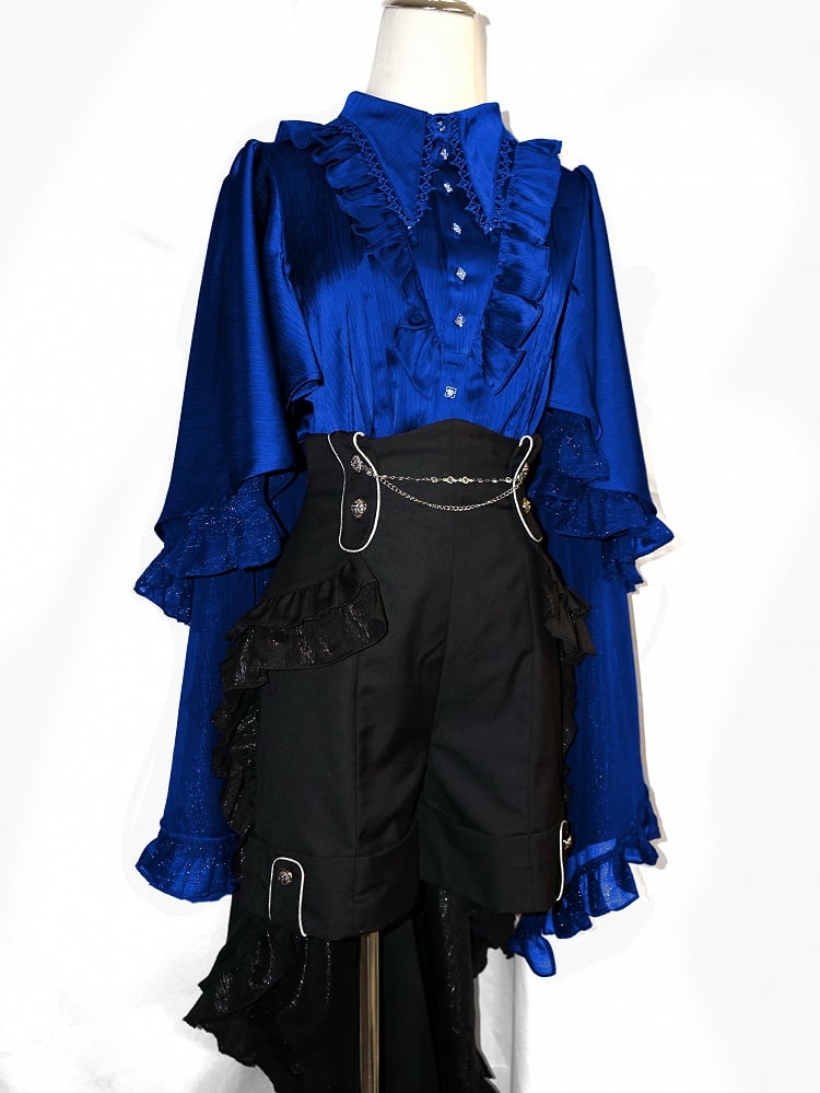 Gothic Foldover Cascading Cape Shirt Blue Ruffle Pointed Lolita Collar Ouji Design