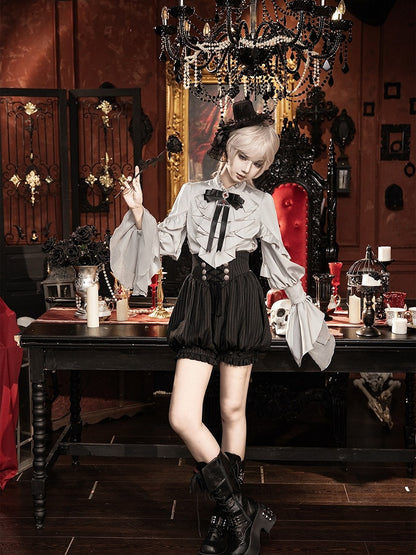 Gothic Ouji 5-Piece Ensemble: Poet Sleeve Shirt, Bloomers, Corset, Mini Hat & Bow Tie - With PUJI