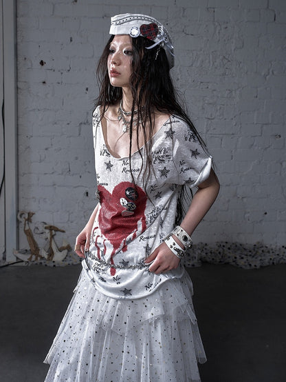 Schwarz/Weißes Navycore-Grafik-T-Shirt im Distressed-Design