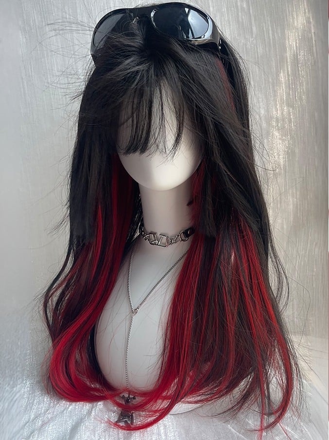 前髪ウィッグストレート、アンダー丈ハイライト、黒バストレッド