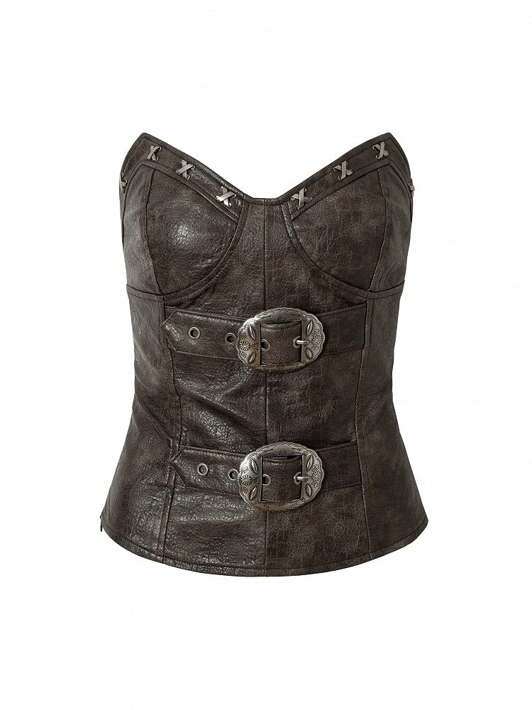 with Heart-Shaped Buckle Design Brown PU Bustier Top