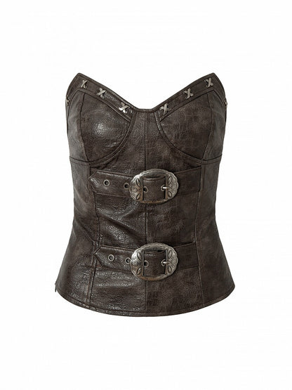 with Heart-Shaped Buckle Design Brown PU Bustier Top
