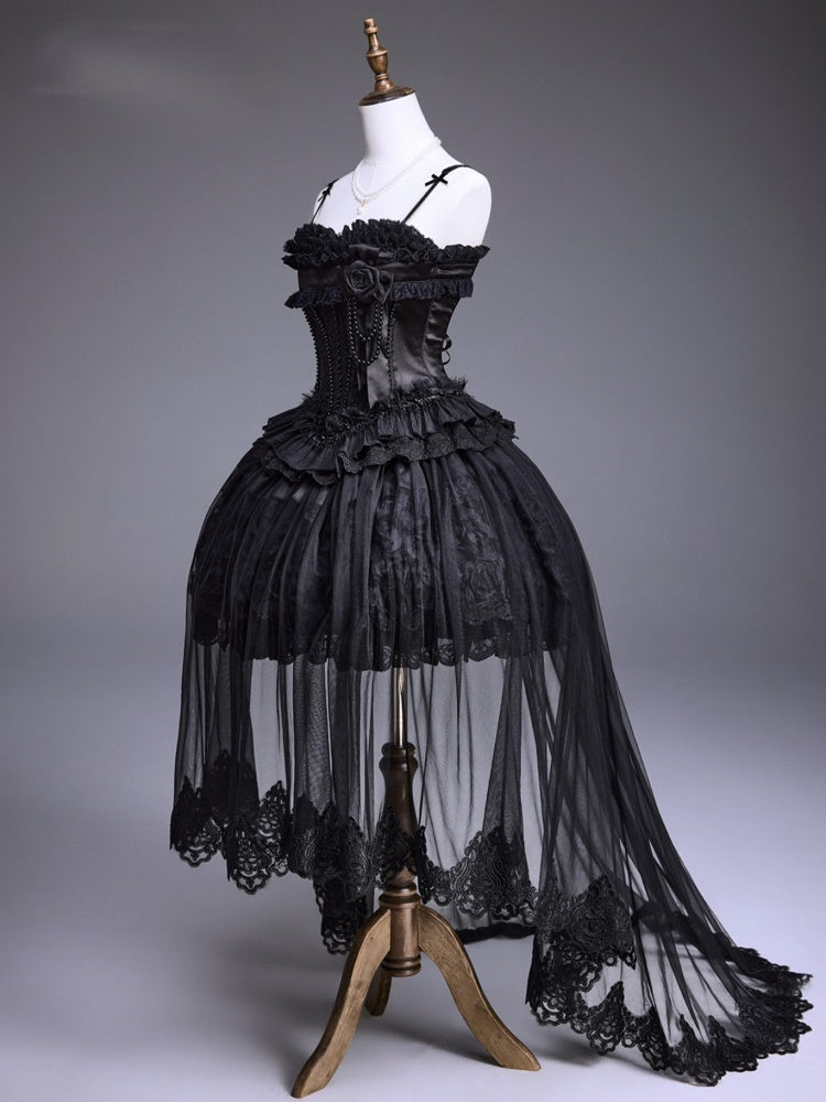 Black Lace-Up JSK Dress with Floral Brooch and Overlay - Airfreeing