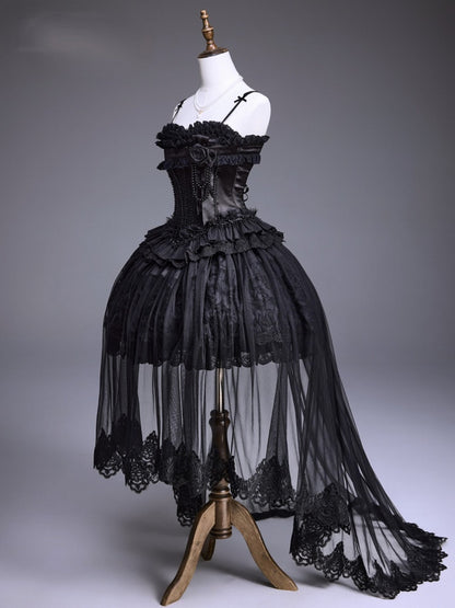 Black Lace-Up JSK Dress with Floral Brooch and Overlay - Airfreeing