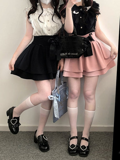 Ärmel Bow Kei und Flatter mit Krawatte Jirai Herzförmige Trim Bluse Schwarz/Weiß Flügelspitze