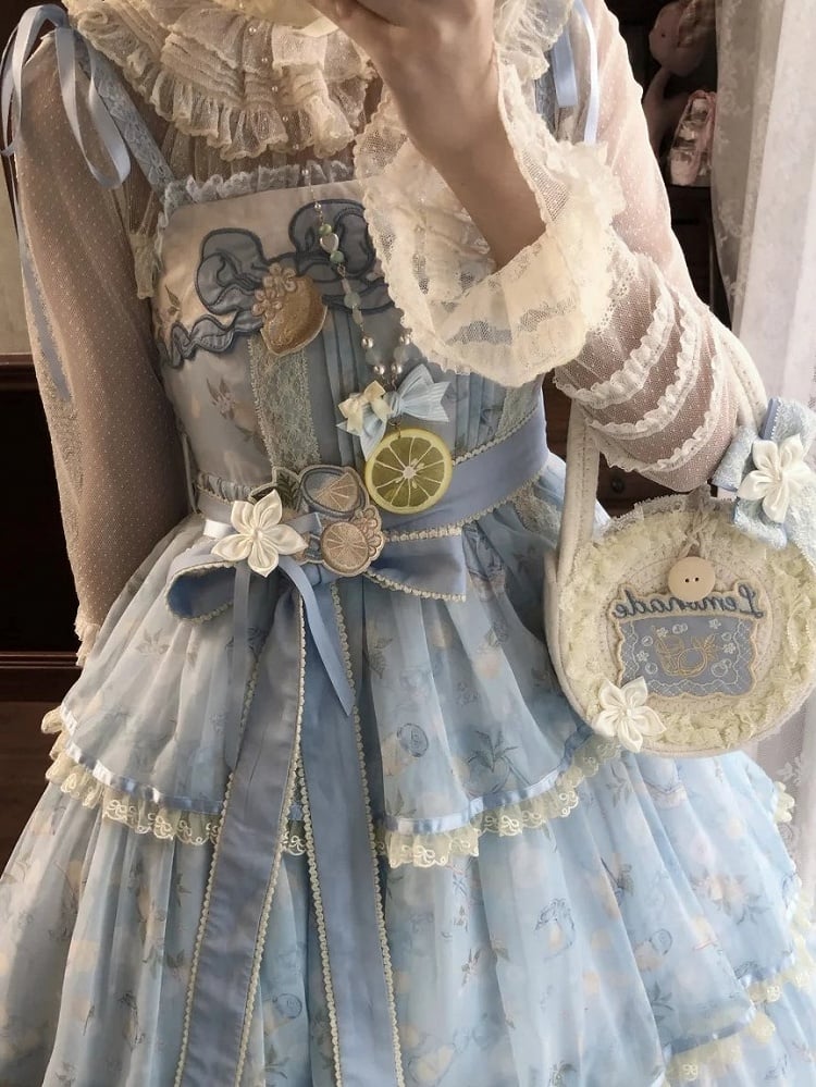 Blue Lemon Embroidery Classic Lolita Brooch with White Flowers - U.Rtto