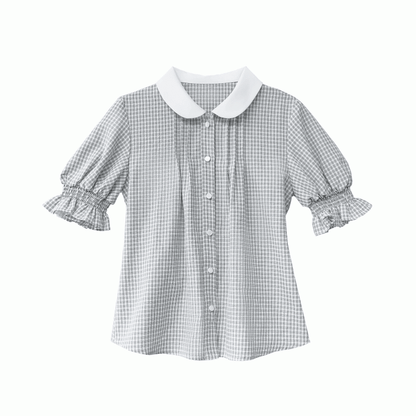 Puff Peter Plaid Blue Dusty Blouse Collar Pan with Sleeves