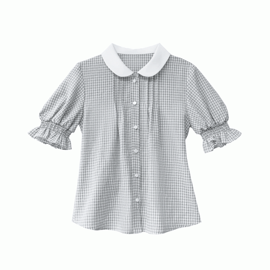 Puff Peter Plaid Blue Dusty Blouse Collar Pan with Sleeves