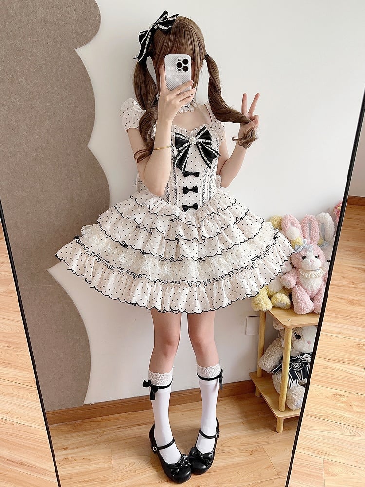 Sweet Lolita Polka Dot Dress with Versatile OP/JSK Design and Tiered Hem White
