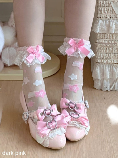 Sheer Ankle Socks with Bow Lace Trim & Star Decoration, 7 Colors - ROJI ROJI