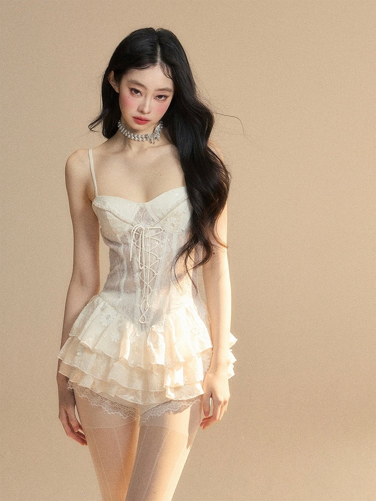 White Dress with Lace-up Detail at Front Skirt Mini Cami Puffy Tiered
