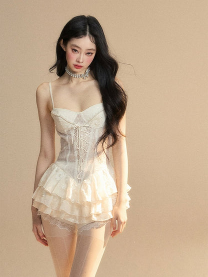 White Dress with Lace-up Detail at Front Skirt Mini Cami Puffy Tiered