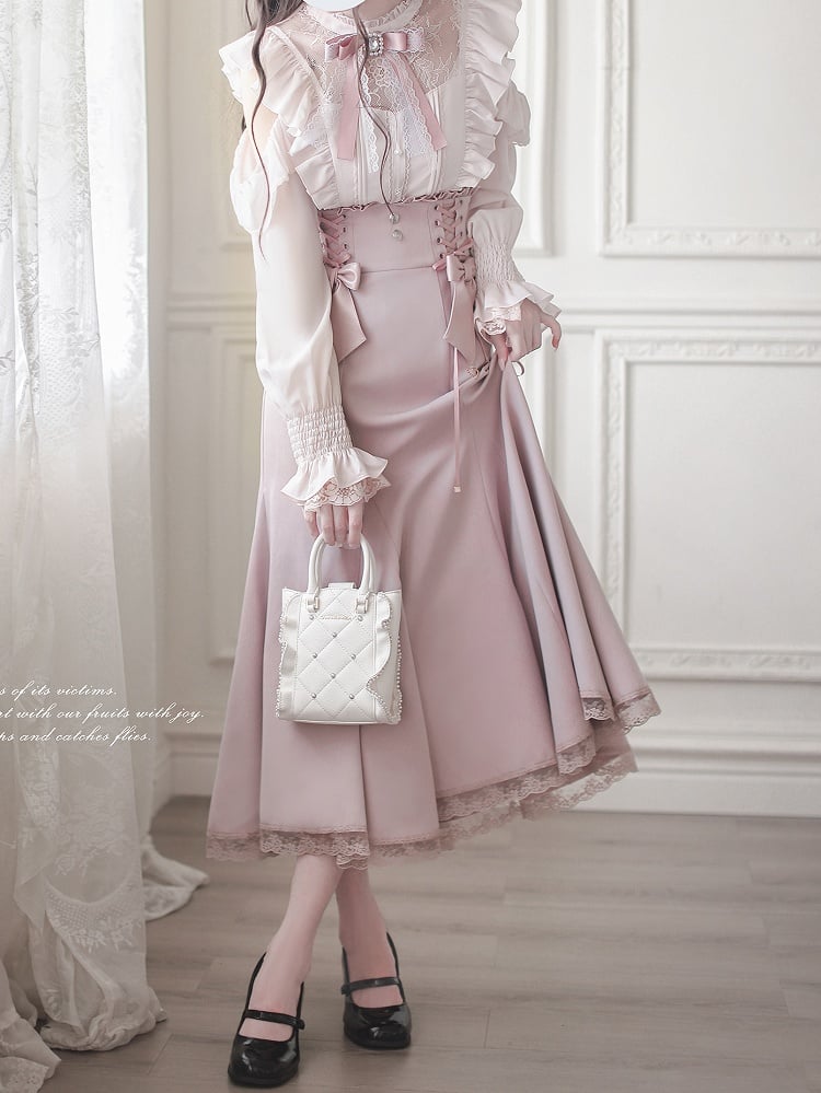 Light Pink Skirt Detail Mermaid Lace Lace-Up Trim and with High-Waisted