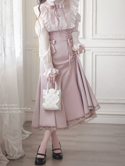 Light Pink Skirt Detail Mermaid Lace Lace-Up Trim and with High-Waisted