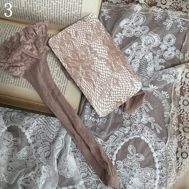 Loop Trims Khaki Studded Fishnet Leg Stockings/Black Socks/Heart-shaped Stockings/Lace Underknee