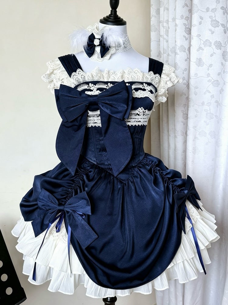 JSK cintrée bleu foncé avec baleines et cordon en dentelle - Gardenia Chronicle