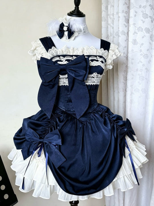 JSK cintrée bleu foncé avec baleines et cordon en dentelle - Gardenia Chronicle