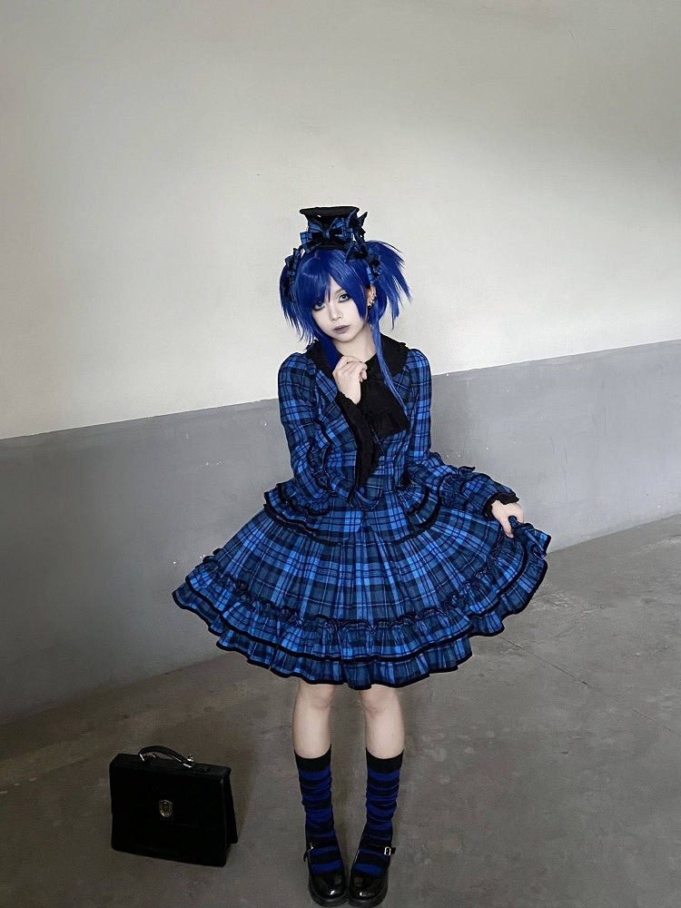 Lapel Notched Set School Blazer + Old Plaid - Lolita Ruffled Skirt Blue