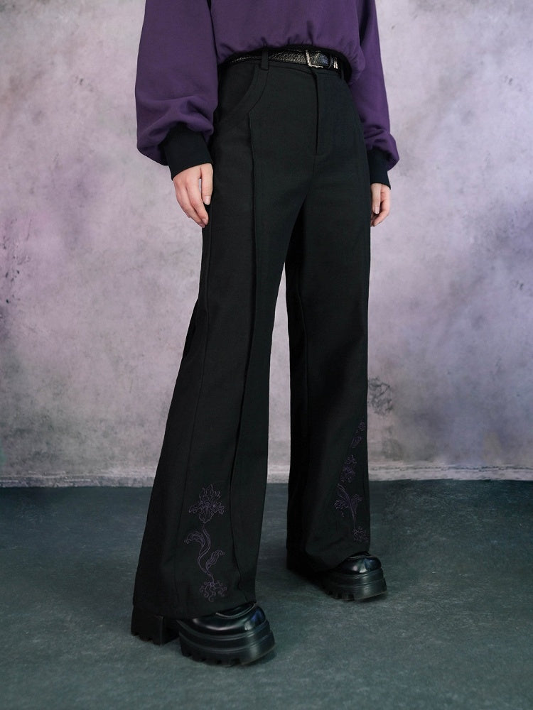 Gothic Black Flared Trousers with Asymmetrical Iris Embroidery - Quirky Hut