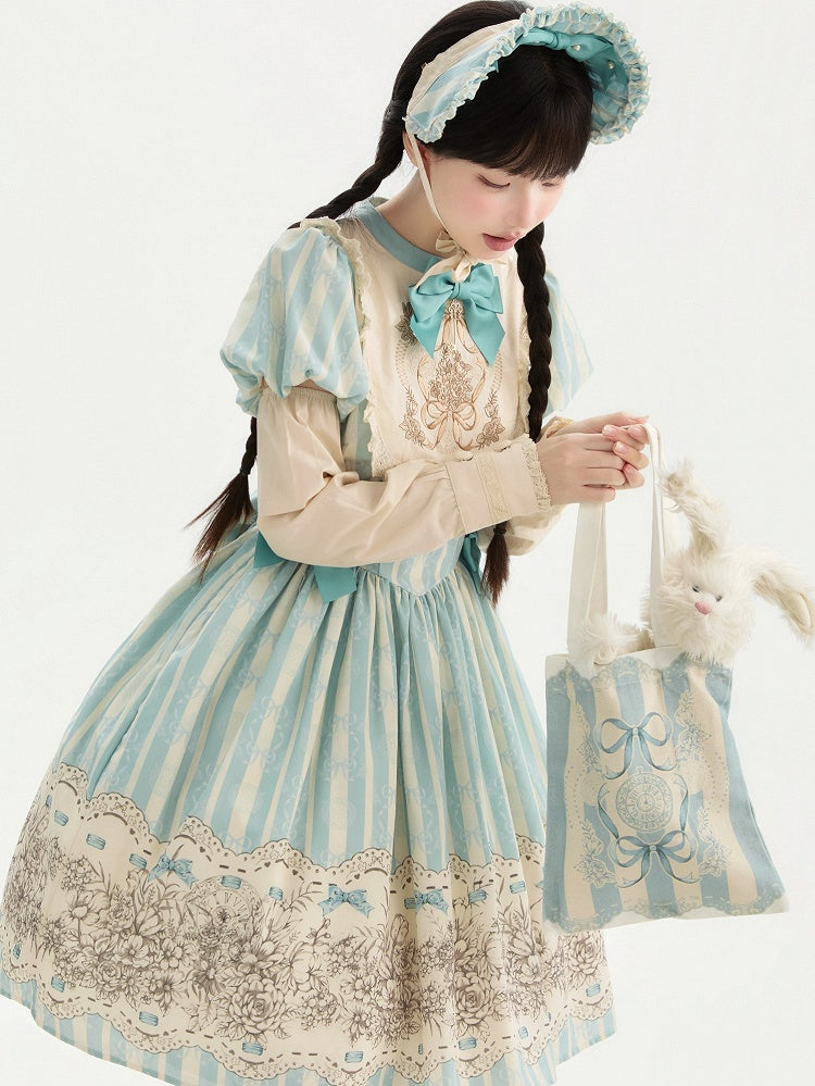 and Floral Blue Embroidery Classic One Bowknot Piece Striped Bodice Version Lolita Short Pattern