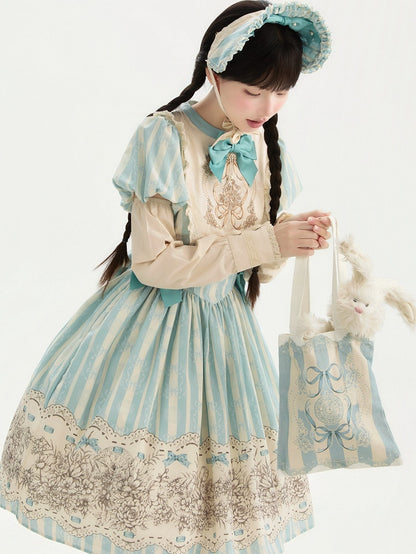 and Floral Blue Embroidery Classic One Bowknot Piece Striped Bodice Version Lolita Short Pattern