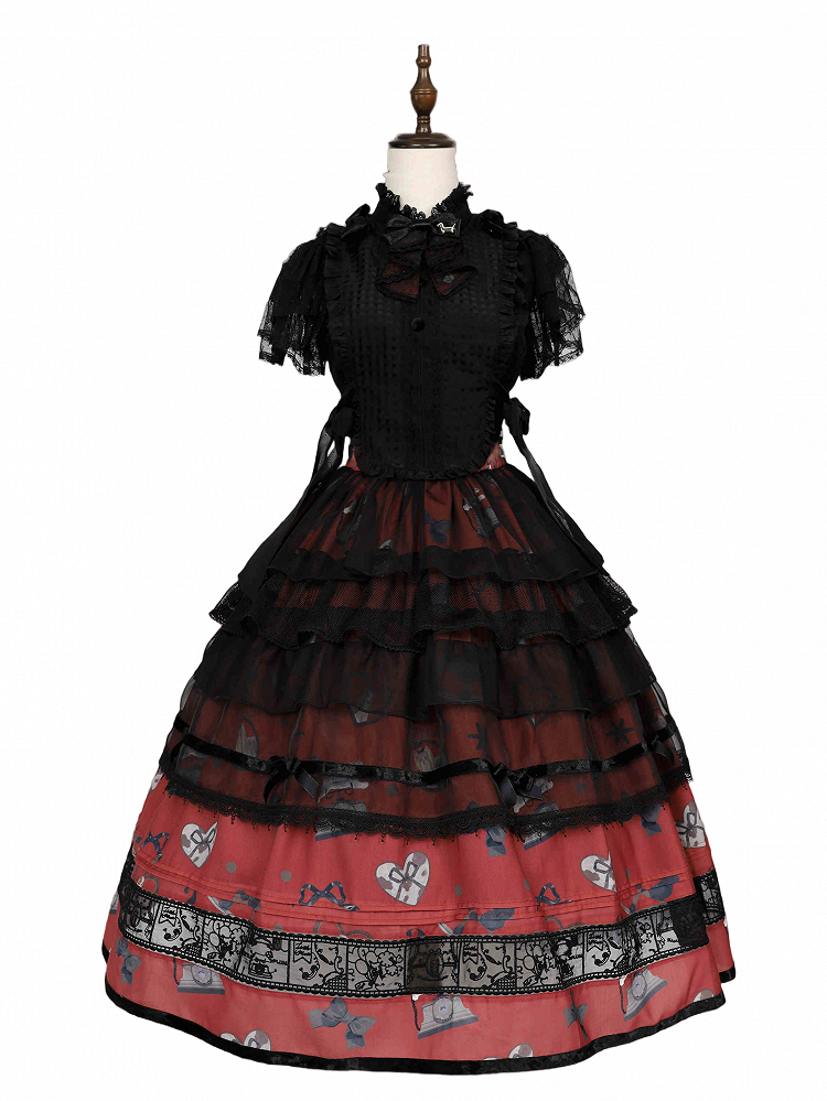 Black and Red Elastic Waist Puppy and Retro Telephone Sweet Lolita Skirt