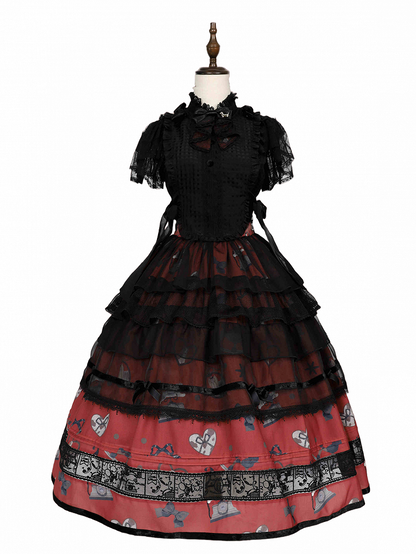 Black and Red Elastic Waist Puppy and Retro Telephone Sweet Lolita Skirt