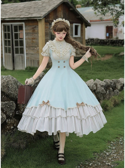 Graceful Long Dress in Beige and Blue with Scalloped Hem and Tiered Layers - With PUJI