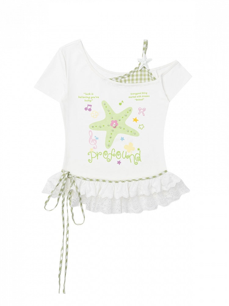 Green Starfish Print Off-Shoulder Tee with Lace Hem - CRAZY GIRL