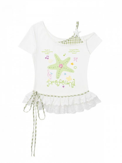 Green Starfish Print Off-Shoulder Tee with Lace Hem - CRAZY GIRL