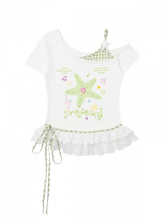 Green Starfish Print Off-Shoulder Tee with Lace Hem - CRAZY GIRL