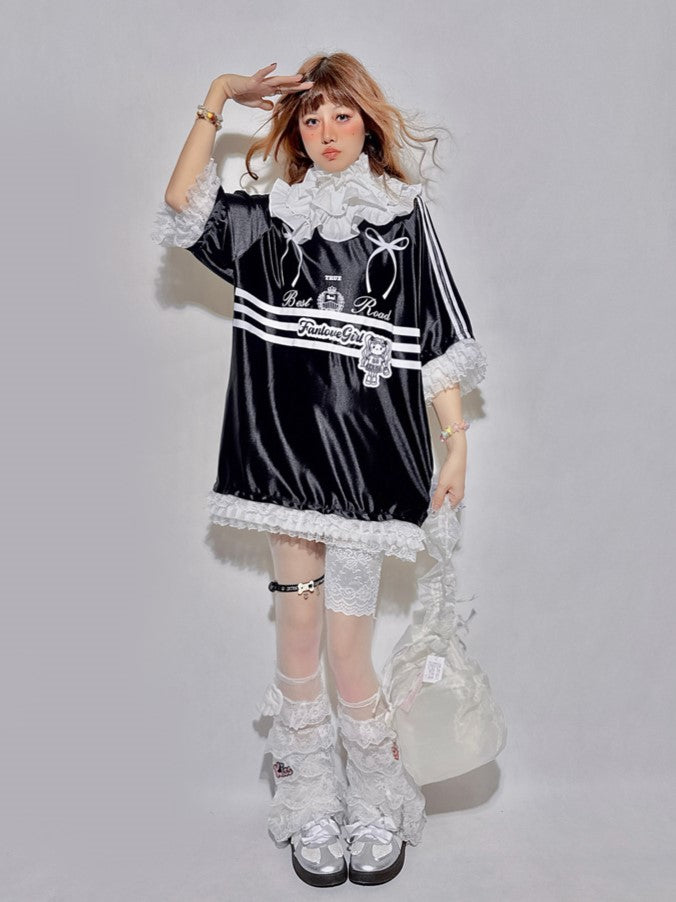 Top Bowknots Tiered Sleeve with and Collar Short Jersey-Style Black Detachable