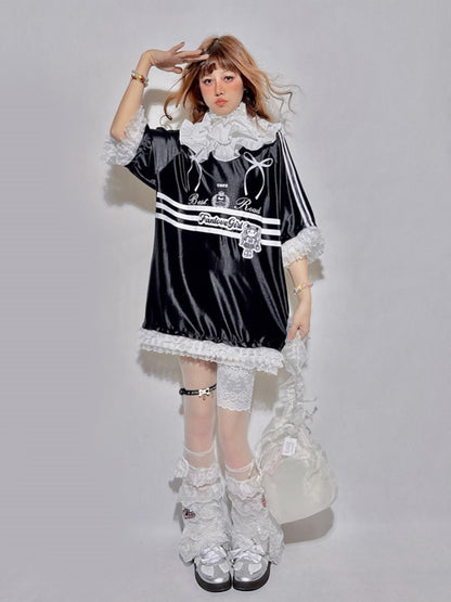 Top Bowknots Tiered Sleeve with and Collar Short Jersey-Style Black Detachable