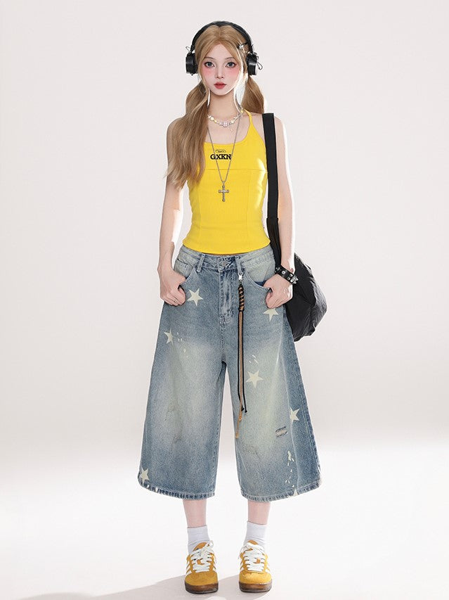 Starry Blue Faded Wash Denim Capris Pants with Distressed Holes