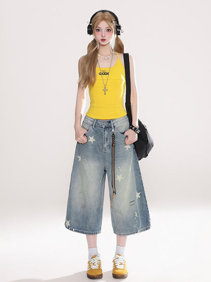 Starry Blue Faded Wash Denim Capris Pants with Distressed Holes