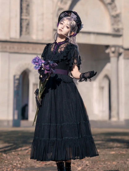 Lolita Schmetterlingsgürtel Schwarzes Kleid Taille Elegant Klassisch mit Ärmeln Illusion Ausschnitt Lila Edward