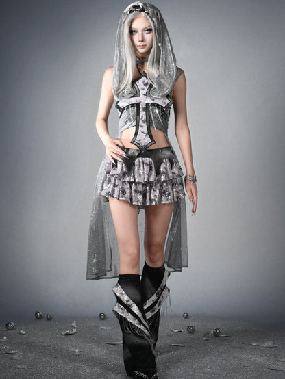 Modischer Bundrock mit niedriger Y3K-Taille, Fledermausflügel-Detail, Pailletten, abgestuft, Cyberpunk, futuristisch, Silbergrau